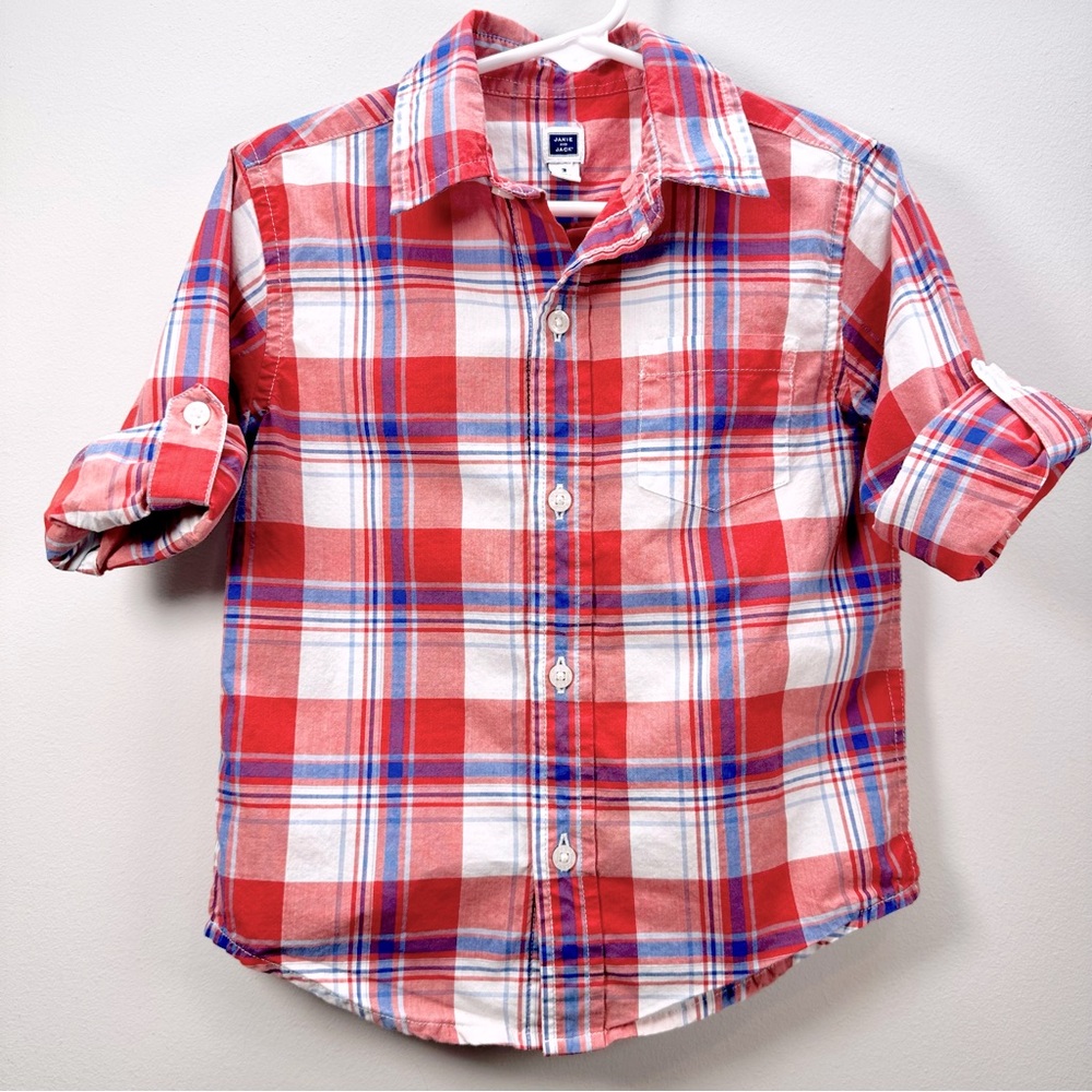 Janie and Jack Madras Red and Blue Plaid Roll Cuff Button Down Shirt, 3T